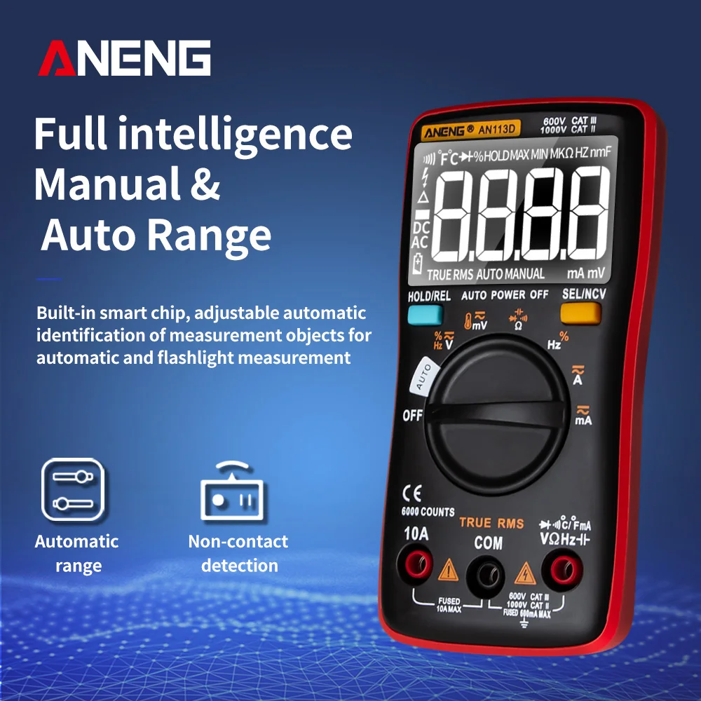 ANENG AN113D Digital Multimeter 6000 Counts Electrical Meter Transistor Tester Auto Rang AC/DC Voltage Process Calibrator
ANENG AN113D Digital Multimeter 6000 Counts Electrical Meter Transistor Tester Auto Rang AC/DC Voltage Process Calibrator