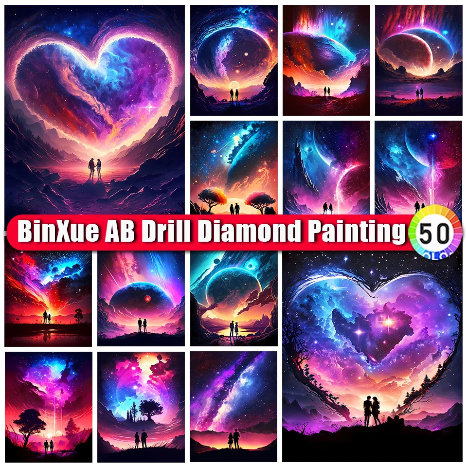 

BinXue Colorful Landscape Trees Aurora AB Diamond Painting Kit Moon Stars Cross Stitch Love Couple Handmade DIY Mosaic Art Gift