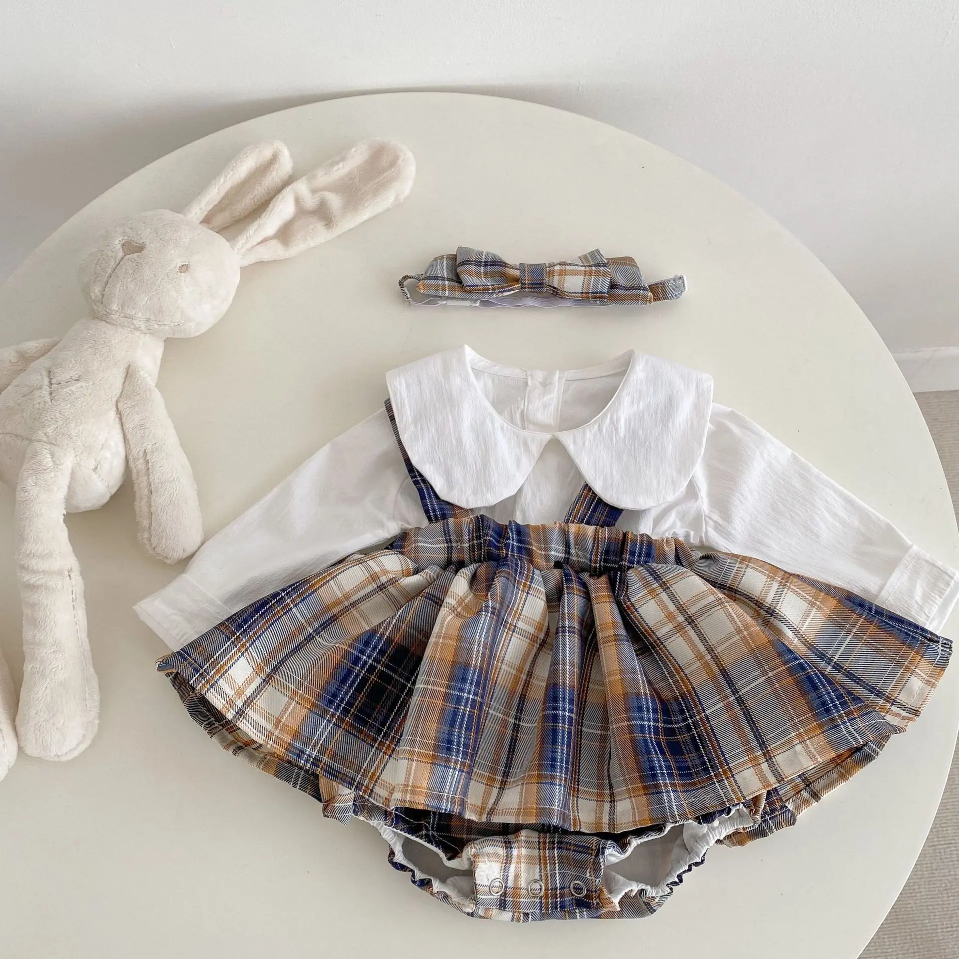 

2023 Spring Dress Baby Girl Checked Suspender Skirt Pants+baby Collar Bottom Coat 2 Sets