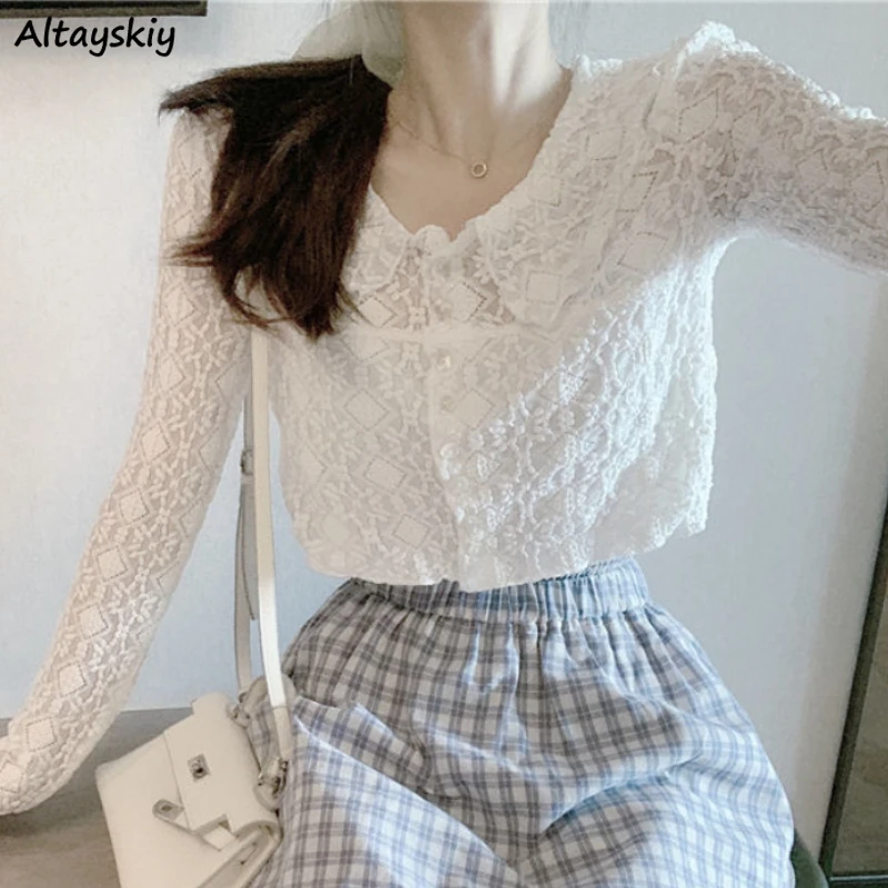 Shirts Women Sweet Elegant Solid Lace Fashion Chic Korean Simple Casual All-match Spring Peter Pan Collar Slim Crop Tops Female
Shirts Women Sweet Elegant Solid Lace Fashion Chic Korean Simple Casual All-match Spring Peter Pan Collar Slim Crop Tops Female