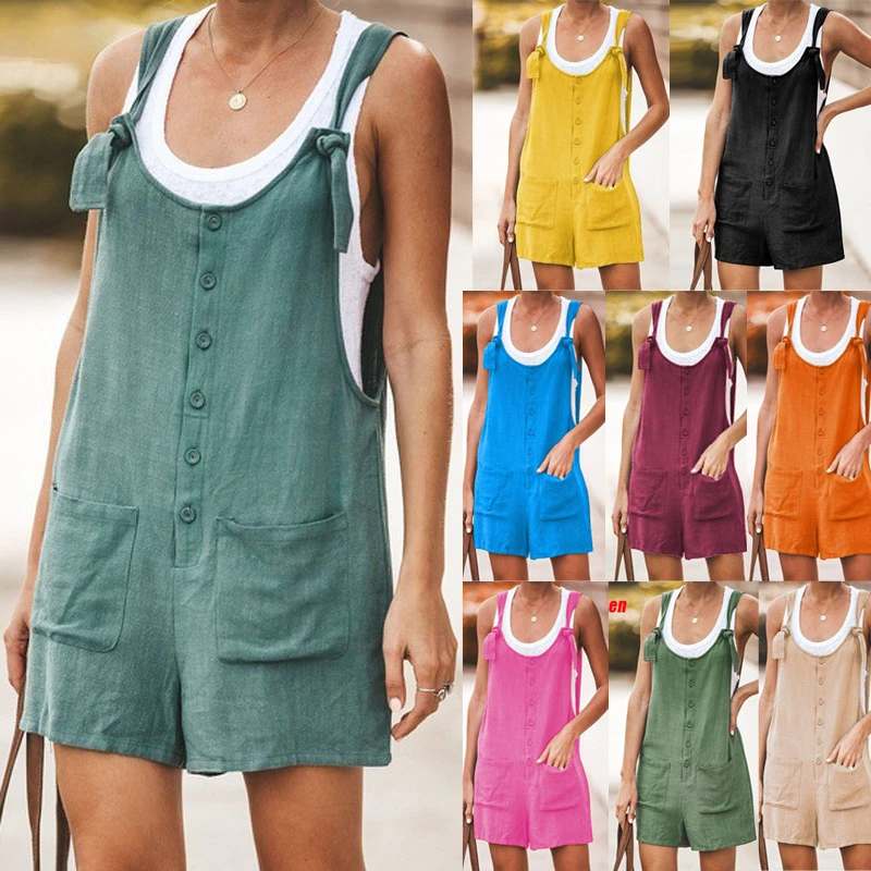 New Women Rompers Summer Casual Loose Sleeveless Jumpsuit Solid Button Pocket Suspenders Bib Short Pants Wide Leg Playsuits
New Women Rompers Summer Casual Loose Sleeveless Jumpsuit Solid Button Pocket Suspenders Bib Short Pants Wide Leg Playsuits