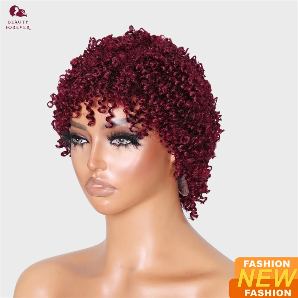 

Beautyforever 99J Burgundy Color Curly BOB Wig With Bangs Pixie Cut Glueless Brazilian Curly Short Bob Wig Machine Made