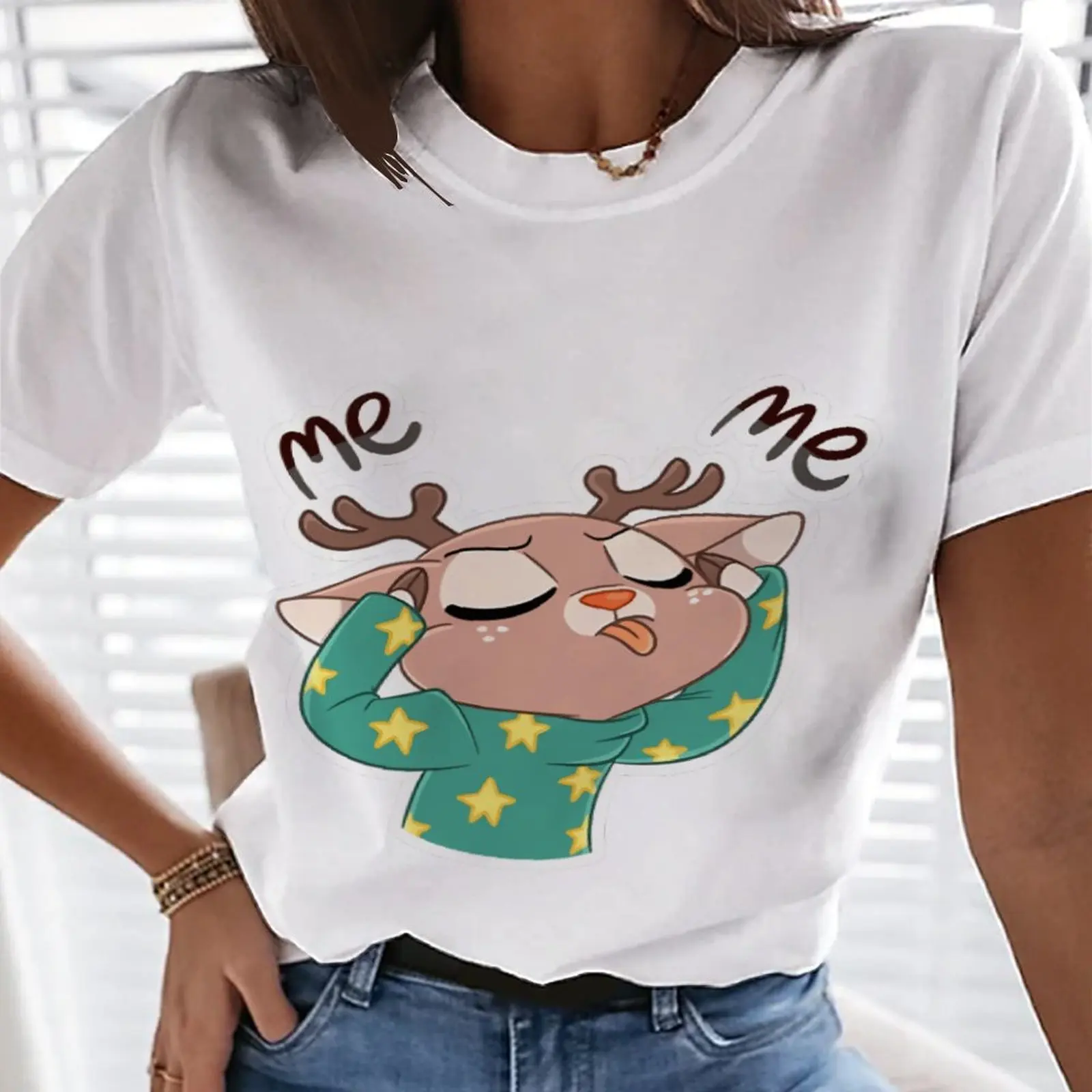 Женская футболка с принтом оленя, футболка с круглым вырезом и короткими рукавами в европейском и американском стиле, уличный Топ, Новинка л... 
Женская футболка с принтом оленя, футболка с круглым вырезом и короткими рукавами в европейском и американском стиле, уличный Топ, Новинка л...