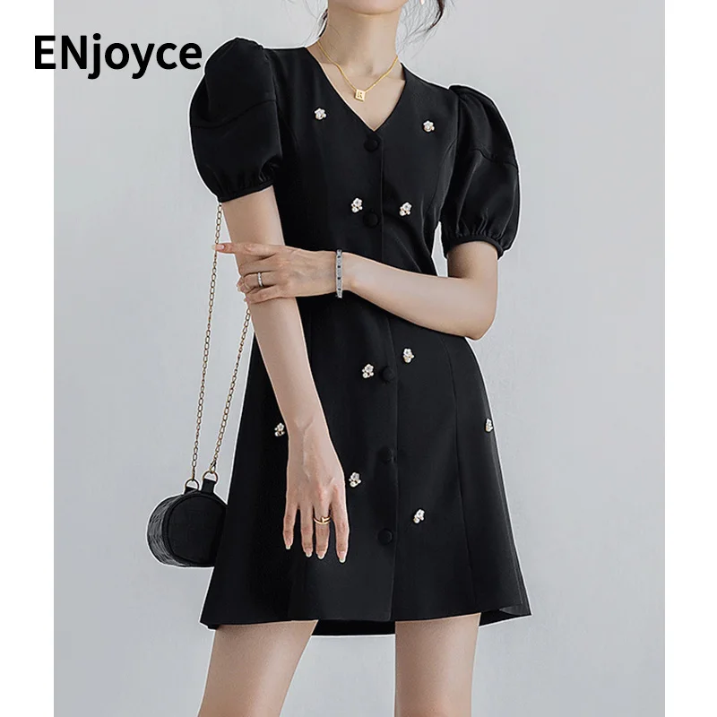 Luxury Design Women Black Beaded Chic Stylish Short Puff Sleeve Buttons A-Line Mini Dress Girl Party Graduation Work Dresses
Luxury Design Women Black Beaded Chic Stylish Short Puff Sleeve Buttons A-Line Mini Dress Girl Party Graduation Work Dresses