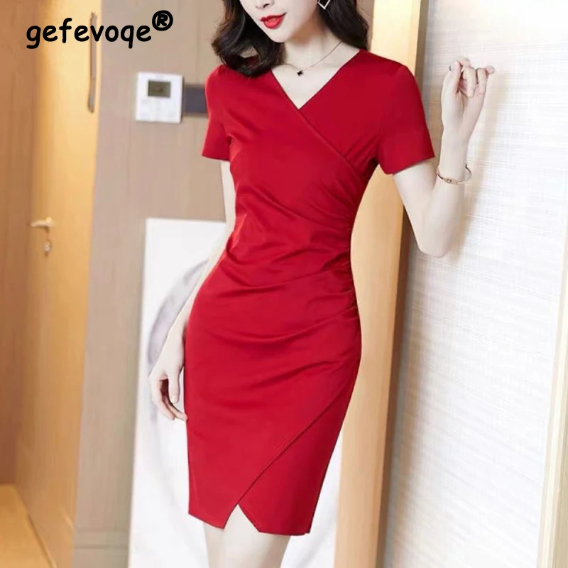 Elegant Ruched V Neck Short Sleeve Party Dresses for Women Summer Fashion Irregular Solid Bodycon Office Lady Midi Dress Vestido
Elegant Ruched V Neck Short Sleeve Party Dresses for Women Summer Fashion Irregular Solid Bodycon Office Lady Midi Dress Vestido