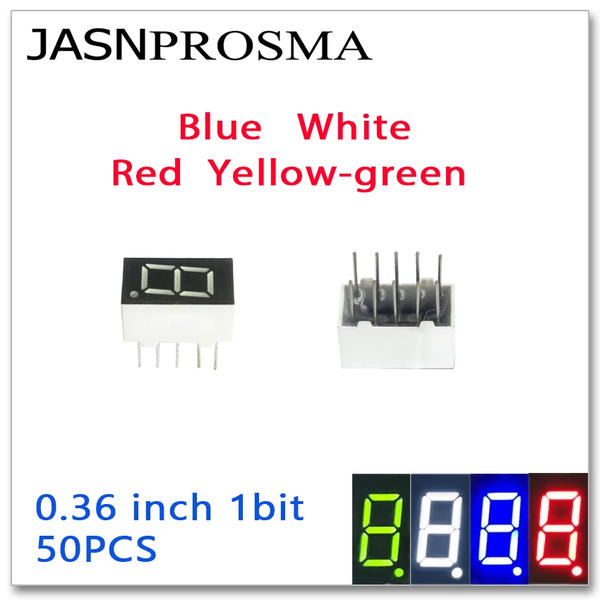 

JASNPROSMA 50PCS 0.36 inch 7 Segment 1bit digit Tube red blue white yellow green Common Cathode Anode LED Display 0.36" 0.36inch