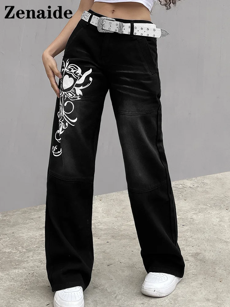 Женские свободные джинсы Zenaide Y2K готические брюки с низкой посадкой винтажные