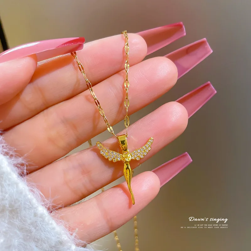 

[Titanium Steel] Angel Wings Zircon Necklace Female Simple Niche Design Net Red Korean Simple Clavicle Chain