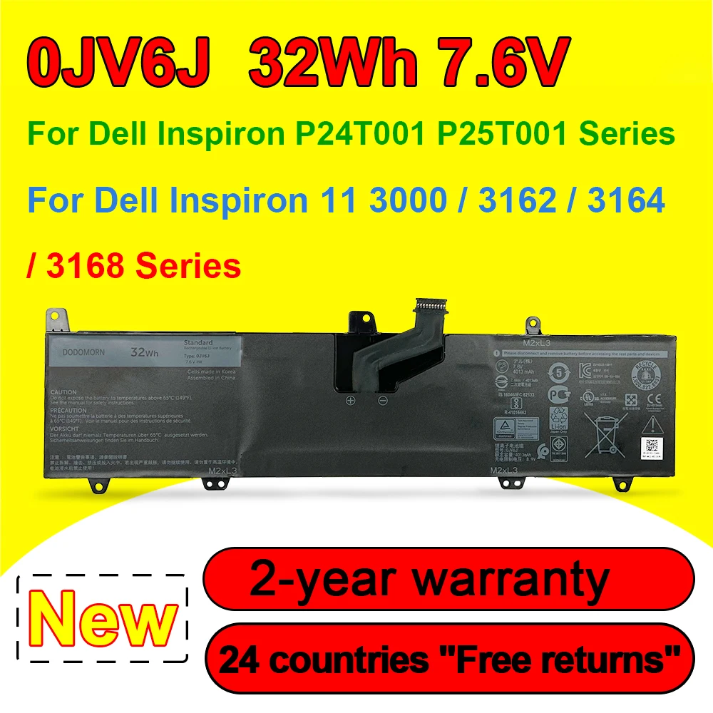 

NEW 0JV6J Laptop Battery For Dell Inspiron 11 3000 3162 3164 3168 P24T001 P25T001 Series OJV6J 0HH6K9 8NWF3 PGYK5 7.6V 32Wh
