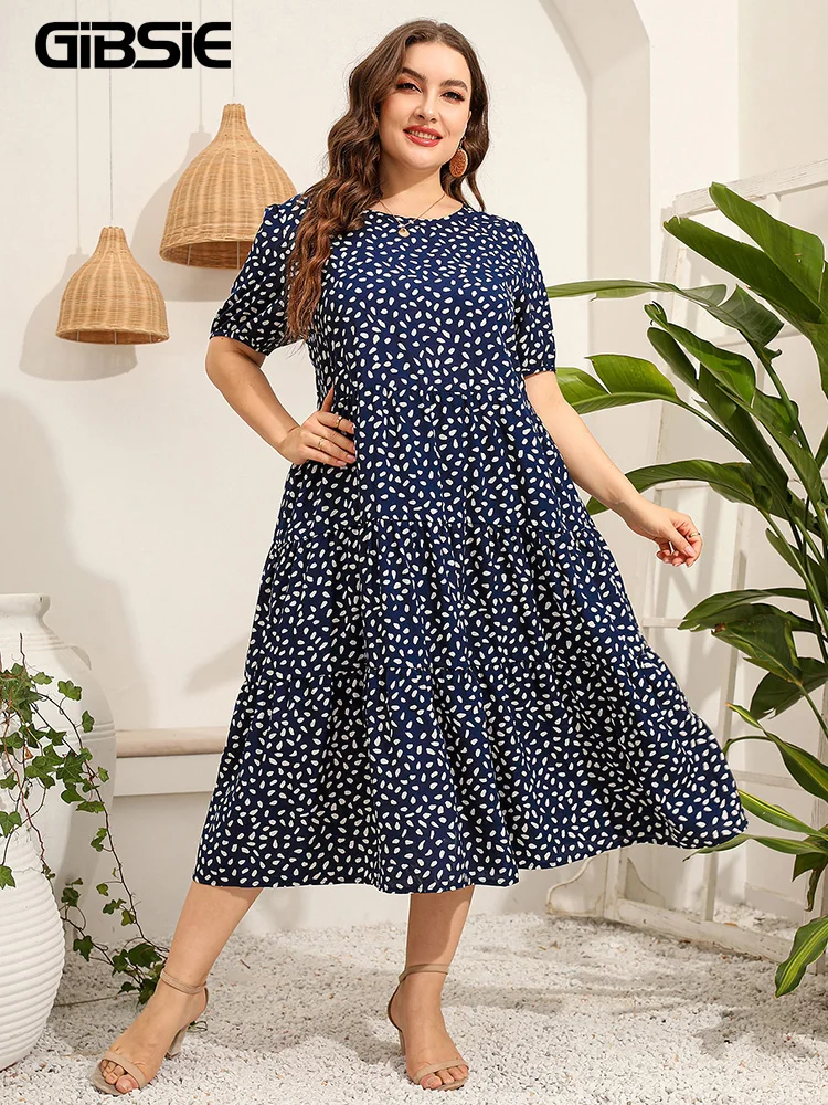 

GIBSIE Plus Size O-Neck Print Long Dress Women Summer Puff Short Sleeve Holiday A-line Boho Ruffle Hem Dresses XXXL 4XL 5XL