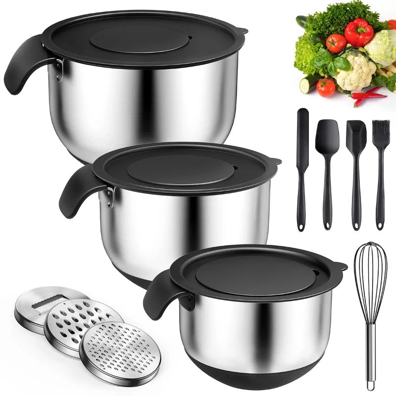 Mixing Bowls with Airtight Lids, 11PCS Stainless Steel Mixing Bowls Set, Nesting Storage Bowls with 3 Grater Attachments & Non-S
Mixing Bowls with Airtight Lids, 11PCS Stainless Steel Mixing Bowls Set, Nesting Storage Bowls with 3 Grater Attachments & Non-S