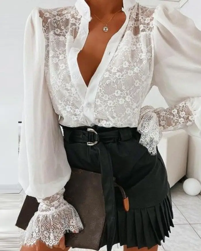 2022 Summer Spring Lace White Fashion Solid Color Chiffon Long Sleeve Shirt Women Top Casual Blouse Shirts Deep V Neck
2022 Summer Spring Lace White Fashion Solid Color Chiffon Long Sleeve Shirt Women Top Casual Blouse Shirts Deep V Neck