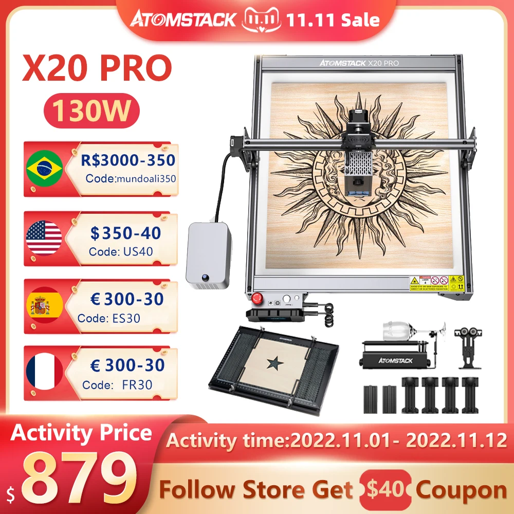 ATOMSTACK X20 S20 Pro 130W Laser Engraving Machine Wifi Offline Control Metal Wood Glass DIY Marking Printer Cutter CNC Router
ATOMSTACK X20 S20 Pro 130W Laser Engraving Machine Wifi Offline Control Metal Wood Glass DIY Marking Printer Cutter CNC Router