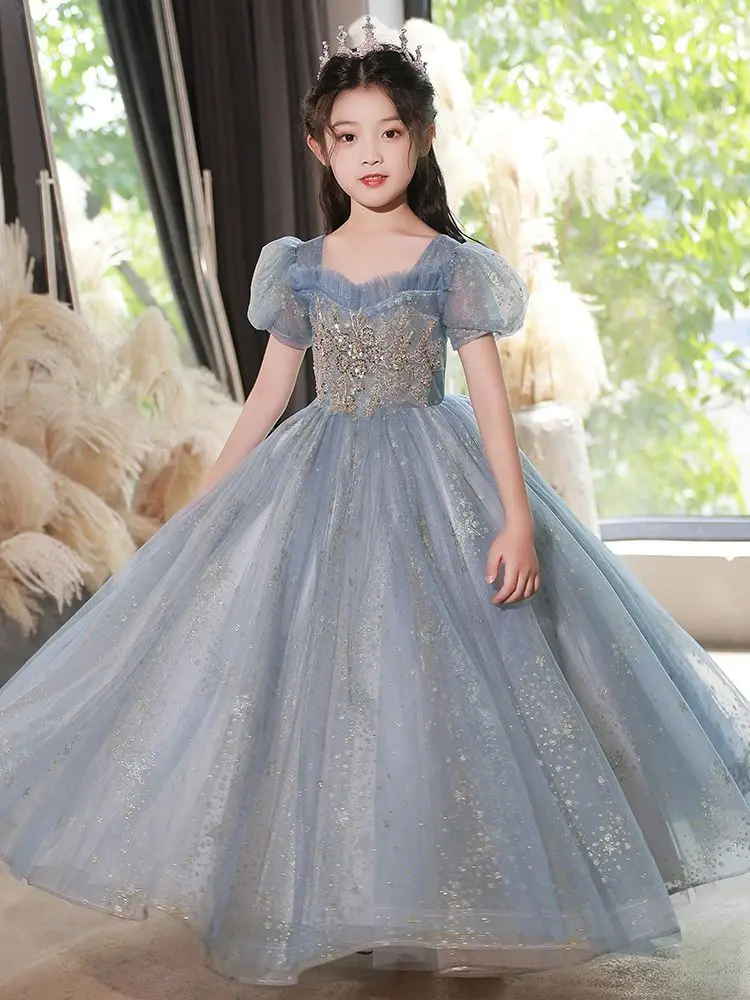 

Children Dress 2023 New Fluffy Gauze Sequined Piano Performance Host Costume Dress Catwalk Girls Princess Vestidos Dress F11