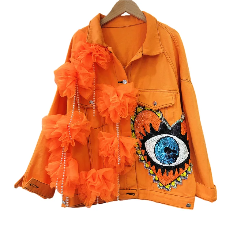 Fashion Orange Denim Jacket Coat Women Loose Short Sequins Pocket Cowboy Outerwear Mesh Splicing Jeans Jacket Female Streetwear
Fashion Orange Denim Jacket Coat Women Loose Short Sequins Pocket Cowboy Outerwear Mesh Splicing Jeans Jacket Female Streetwear