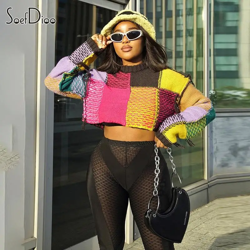 

Soefdioo Color Plaid Patchwork Long Sleeve O-Neck Bare Midriff Sweater Women Fall 2023 Y2K Top Streetwear Fashion Loose Pullover