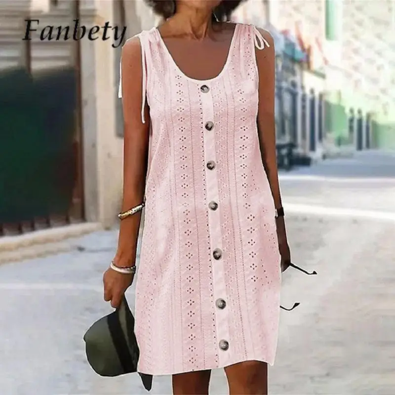 2023 Casual Ladies Lace-up Solid Color Hollow Out Loose Dress Summer U Neck Sleeveless Midi Dress Women Button Beach Tank Dress
2023 Casual Ladies Lace-up Solid Color Hollow Out Loose Dress Summer U Neck Sleeveless Midi Dress Women Button Beach Tank Dress