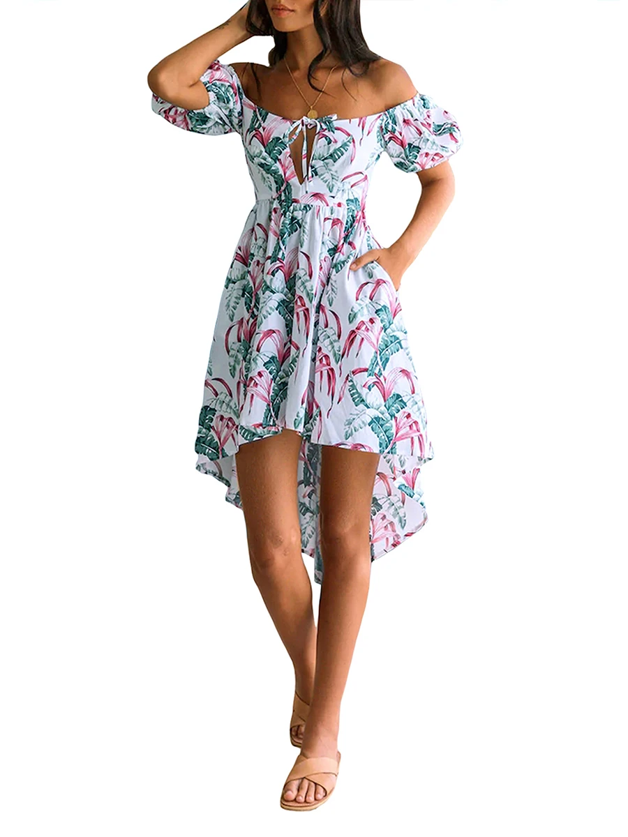 

Женское Цветочное платье с коротким рукавом, открытыми плечами, вырезом спереди, завязкой, вырезами, сарафан в стиле бохо, Пляжное праздничное коктейльное платье