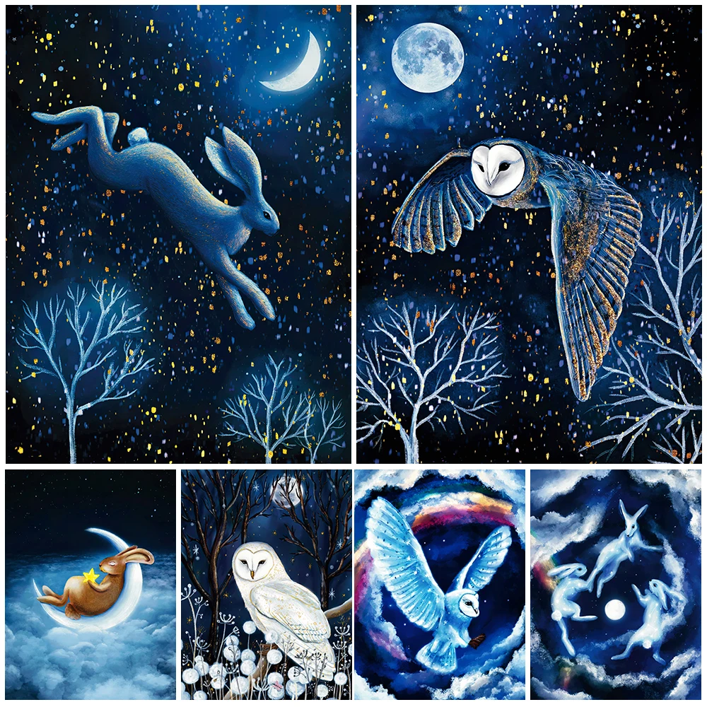 

Magic Night Of Moon Rabbit Fantasy Art Print Dreamy Animals Under The Stars Abstract Wall Art Canvas Print Mystery Art Poster