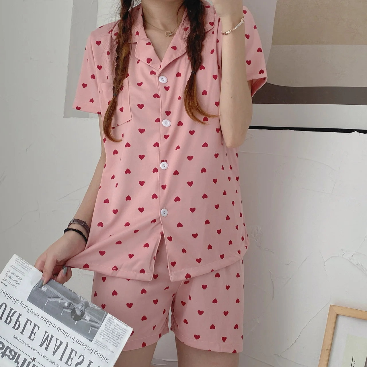 Pink Heart Summer Pajamas Set Women Single Breasted Shirts + Shorts Suit Two Piece Homewear Print Sweet Kawaii Sleepwear
Pink Heart Summer Pajamas Set Women Single Breasted Shirts + Shorts Suit Two Piece Homewear Print Sweet Kawaii Sleepwear