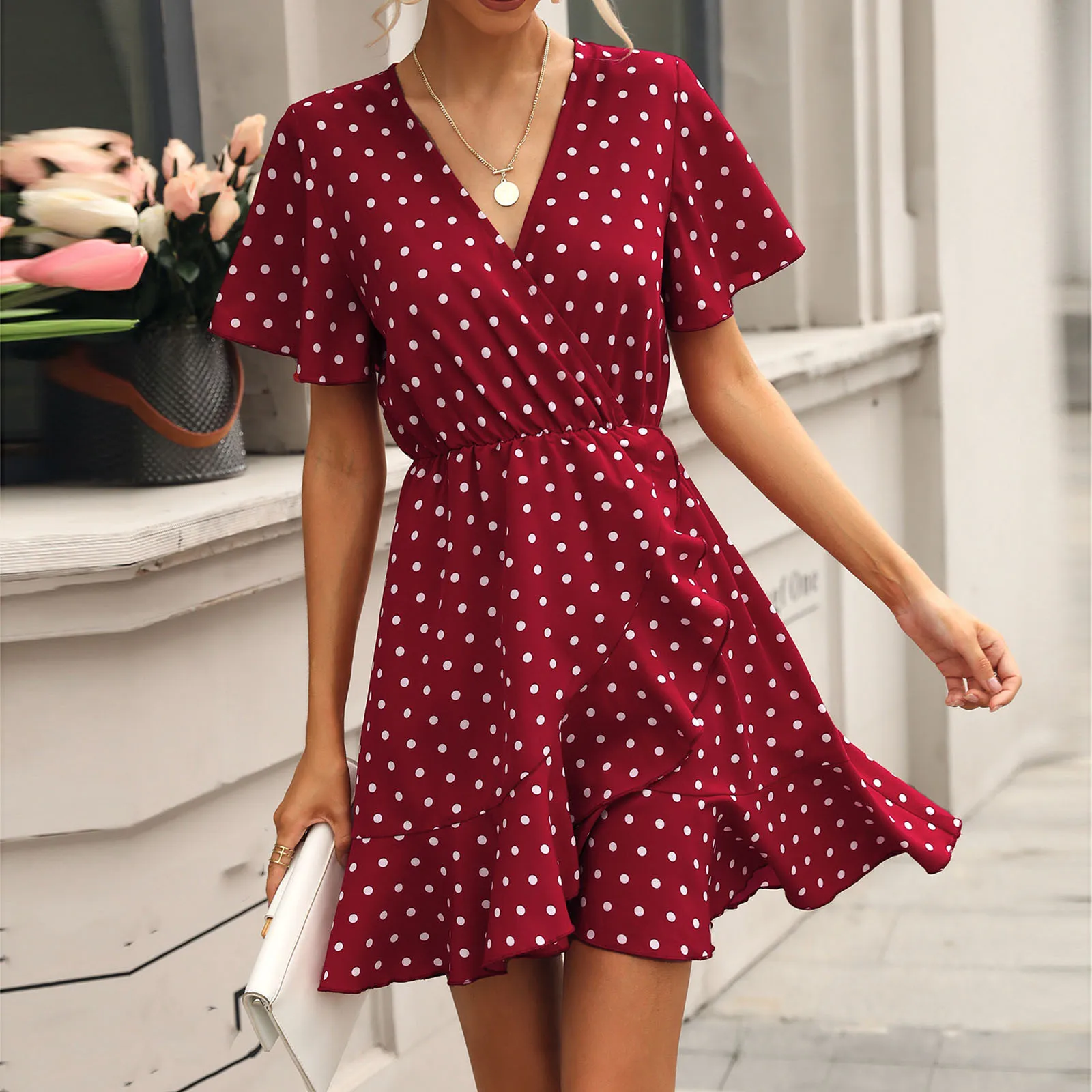 Fashion Casual Dresses Women's Deep V-neck Pullover Dots Printed Short Sleeve Temperament Commute Mini Dress Платье Женское
Fashion Casual Dresses Women's Deep V-neck Pullover Dots Printed Short Sleeve Temperament Commute Mini Dress Платье Женское