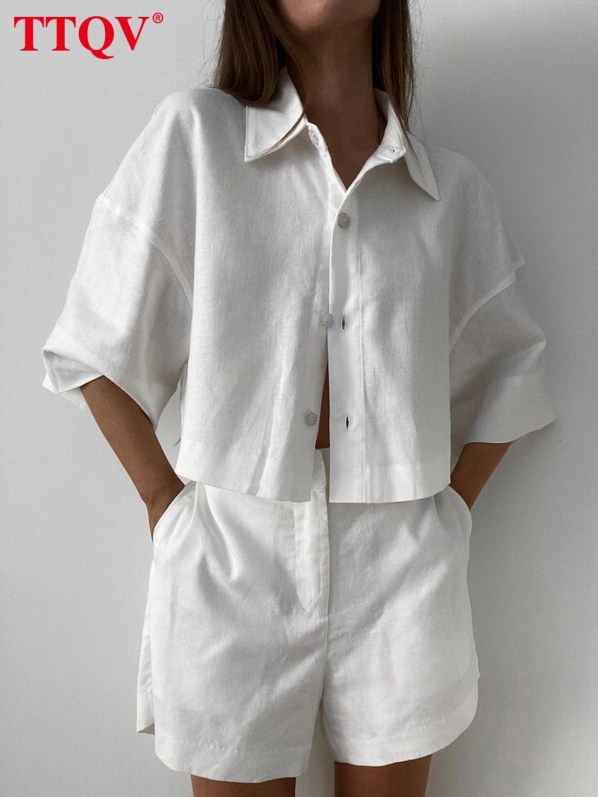 TTQV Casual White Cotton Sets For Women 2 Pieces Elegant Lapel Short Sleeve Shirts And High Waisted Simple Shorts Sets Homewear
TTQV Casual White Cotton Sets For Women 2 Pieces Elegant Lapel Short Sleeve Shirts And High Waisted Simple Shorts Sets Homewear