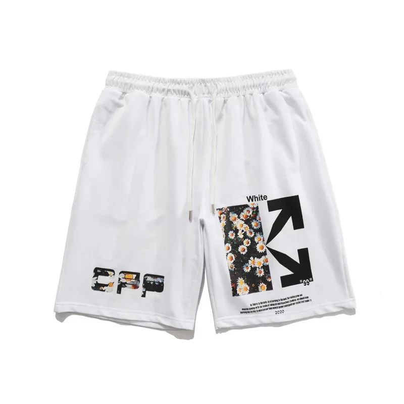 

New summer OFF HD digital daisy print casual shorts men and women with the same five-minute shorts white