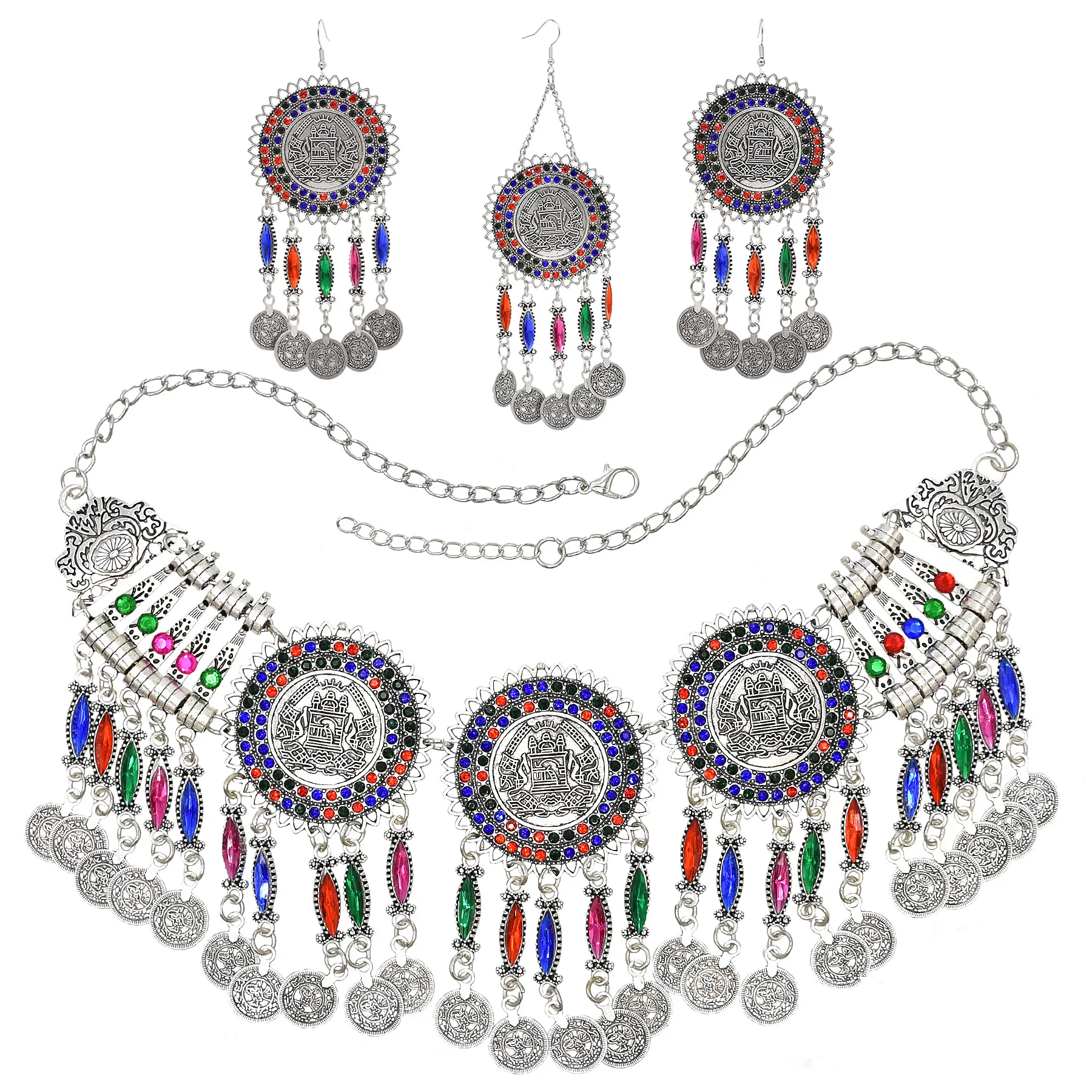Vintage Gypsy Afghan Ethnic Costume Jewelry Sets Ancient Silver Color Crystal Coin Tassel Necklace Earrings Hair Clip for Women
Vintage Gypsy Afghan Ethnic Costume Jewelry Sets Ancient Silver Color Crystal Coin Tassel Necklace Earrings Hair Clip for Women