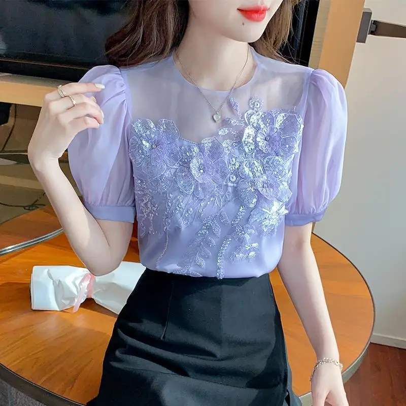 Blouse female Diamond Short Sleeve Top 2022 Summer Korean Edition Loose Light and Lace Embroidery Solid Casual Chiffon Shirt
Blouse female Diamond Short Sleeve Top 2022 Summer Korean Edition Loose Light and Lace Embroidery Solid Casual Chiffon Shirt