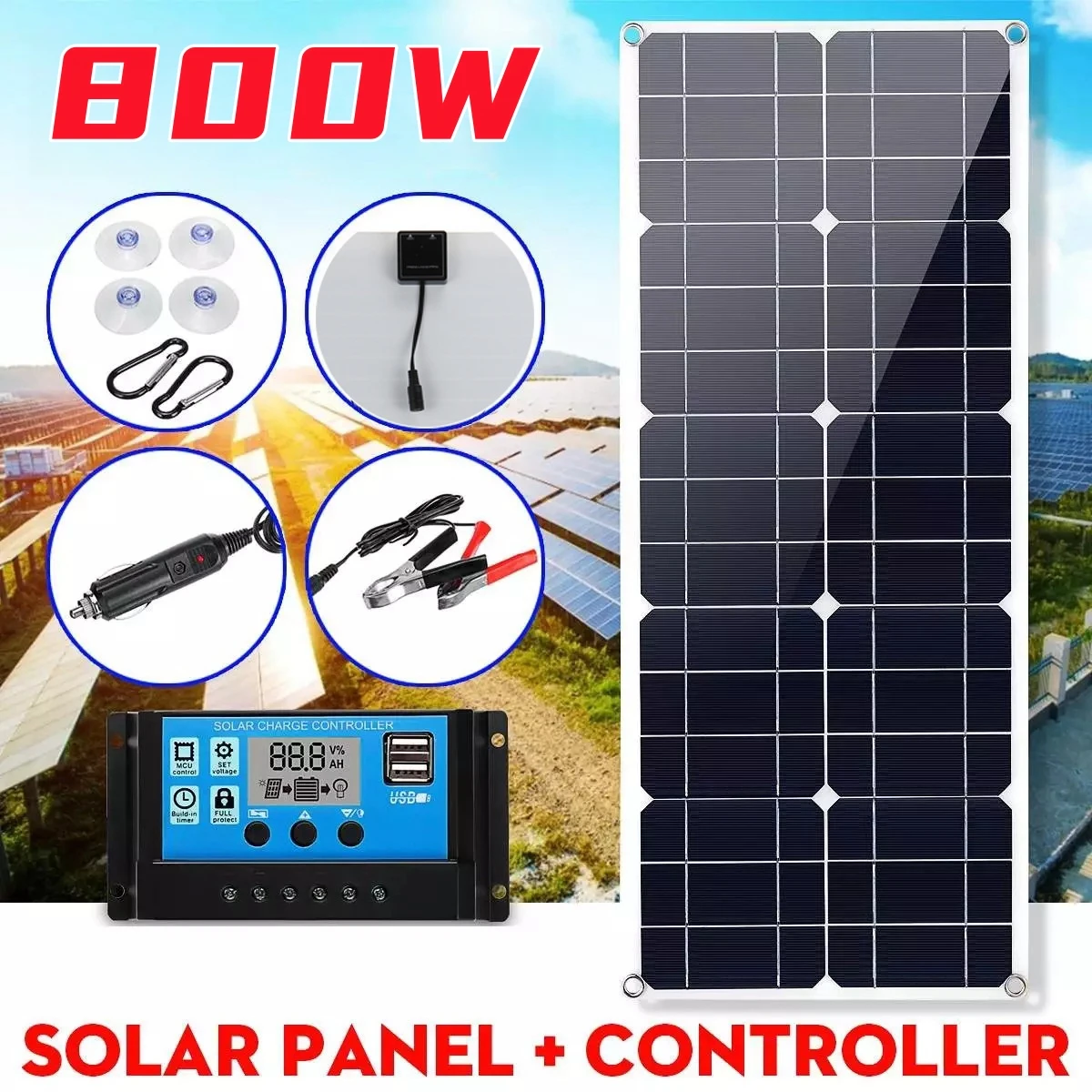 800W Portable Solar Panel 12V Waterproof Flexible Solar Panel Kit 100A Controller Home Camping RV Outdoor Battery Charger
800W Portable Solar Panel 12V Waterproof Flexible Solar Panel Kit 100A Controller Home Camping RV Outdoor Battery Charger