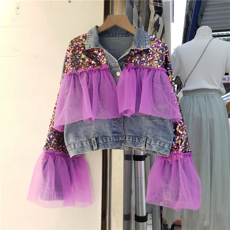 Spring Autumn Women Blue Short Denim Coat Fashion Sequin Tie-dye Net Yarn Splicing Jean Jacket Long Sleeve Casual Female Outwear
Spring Autumn Women Blue Short Denim Coat Fashion Sequin Tie-dye Net Yarn Splicing Jean Jacket Long Sleeve Casual Female Outwear