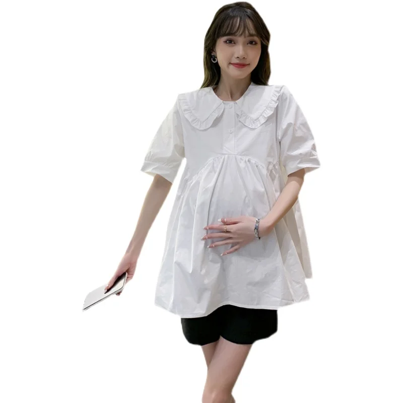 

Ruffled Peter Pan Collar Pregnant Women Summer Blouse Abdominal Shorts Twinset Solid Color Formal Maternity Suits Clothes Set