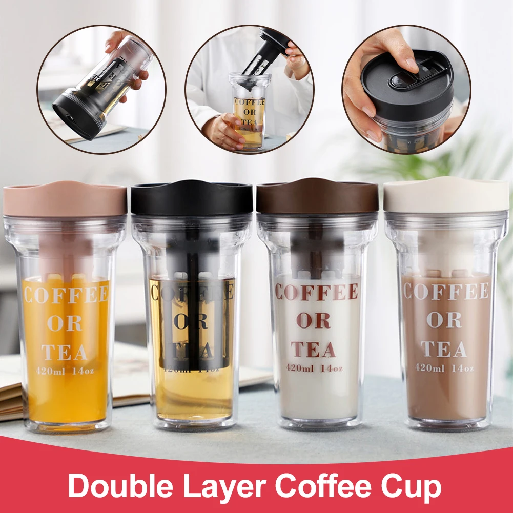 Double Wall Plastic Coffee Cup 420ML Insulated Coffee Mug with Leakproof Lid Infuser for Loose Tea Cold Brew Tumbler Water Cup
Double Wall Plastic Coffee Cup 420ML Insulated Coffee Mug with Leakproof Lid Infuser for Loose Tea Cold Brew Tumbler Water Cup