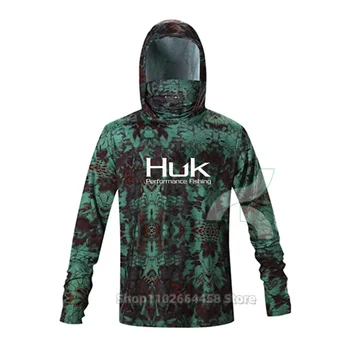 HUK Fishing Shirts UPF 50  Face Mask Long Sleeve Jerseys Summer Sun Protection T-Shirts Mens Hooded Face Cover Fishing Clothes