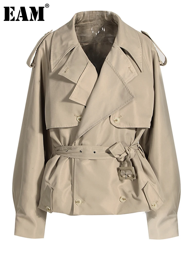 

[EAM] Women Khaki Belted Big Size Trench New Lapel Long Sleeve Loose Fit Windbreaker Fashion Tide Spring Autumn 2023 7AB1302