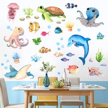Cartoon Marine Life Wall Stickers for Kids room Bathroom Wall Tile Decals Octopus Sea Turtle Fish Wall Posters Home Decoration