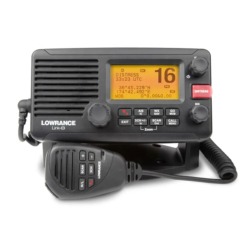 Marine VHF DSC station Lowrance link-8 class B radio of transceiver radiotelephony, transmitter-receiver
Marine VHF DSC station Lowrance link-8 class B radio of transceiver radiotelephony, transmitter-receiver