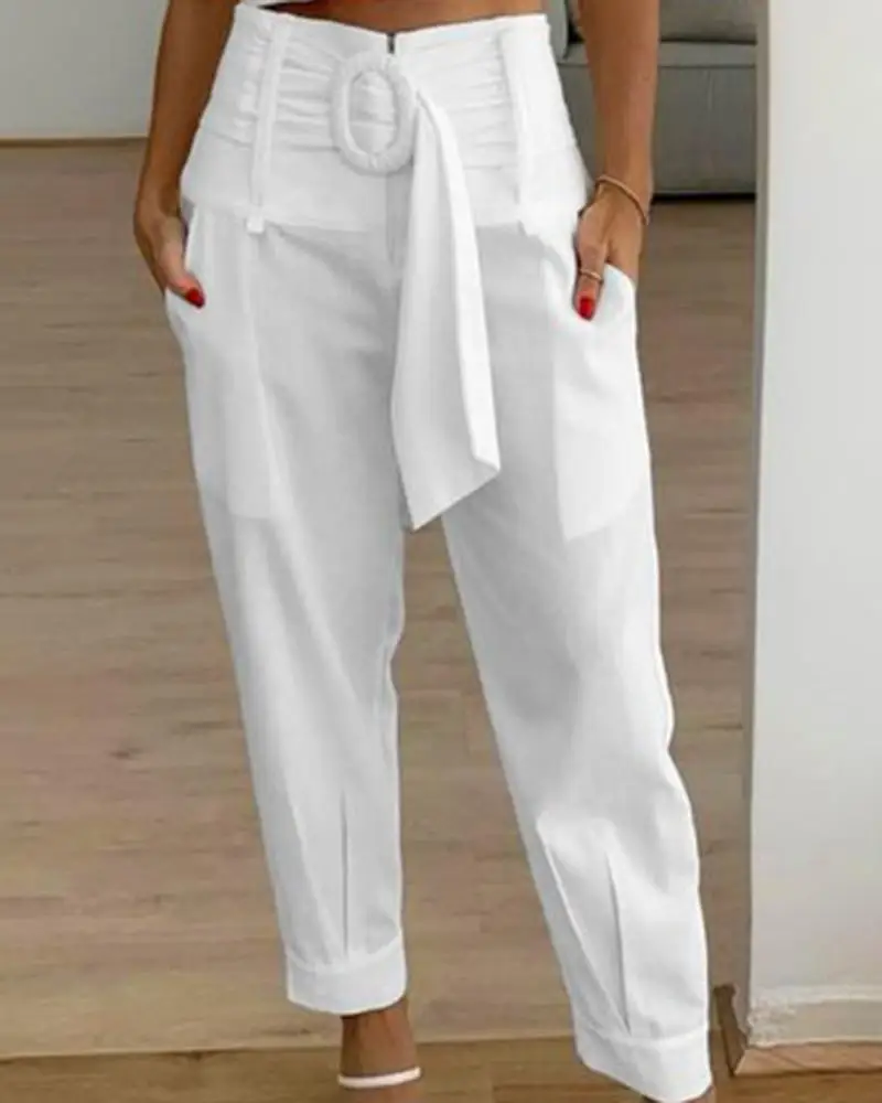 

High Waist Belted Pocket Design Pants Chic Fashion Summer Form-fitting Casual Belt Decoration Lacing Jogger Pants