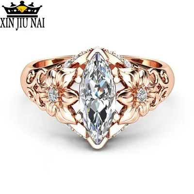 

Классические обручальные кольца цвета розового золота для женщин, кольца с фианитом в виде глаза лошади, с кристаллом, искусственный цветок, Женское кольцо