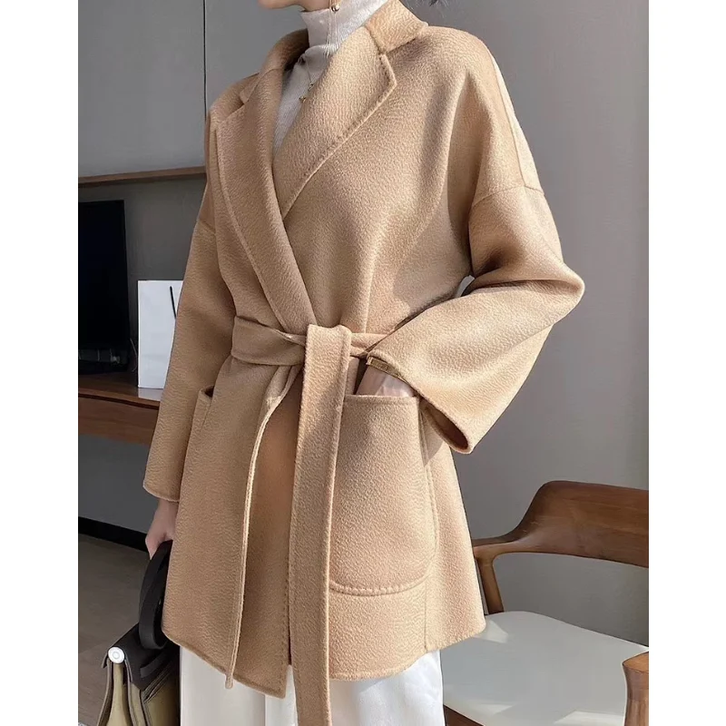 Solid Elegant Wool Water Ripple Double-sided Coat Women Midi Temperament Loose Cashmere Jacket Belt Autumn Winter New Fashion
Solid Elegant Wool Water Ripple Double-sided Coat Women Midi Temperament Loose Cashmere Jacket Belt Autumn Winter New Fashion