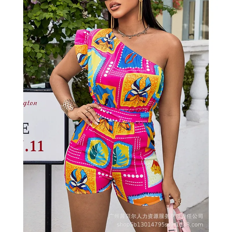 

2023 Y2K Instagram одежда с оборками без рукавов на одно плечо с высокой талией на шнуровке комбинезон один предмет элегантный корсет Playsuit для женщин