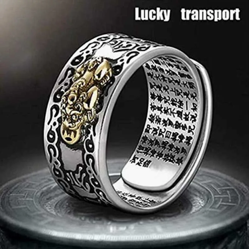 

Feng Shui Pixiu Mantra Ring Buddhist Good Luck Amulet Mantra Double Protection Wealth Love Health Ring Gift For Men Women