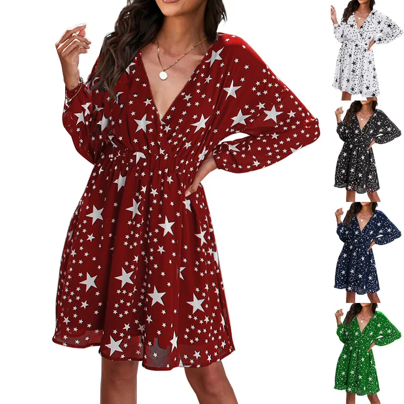 New V-neck Simple Women's Casual Fashion Star Printed Mesh Sleeve Lined Long Sleeve Pullover A-Line Summer Dress
New V-neck Simple Women's Casual Fashion Star Printed Mesh Sleeve Lined Long Sleeve Pullover A-Line Summer Dress