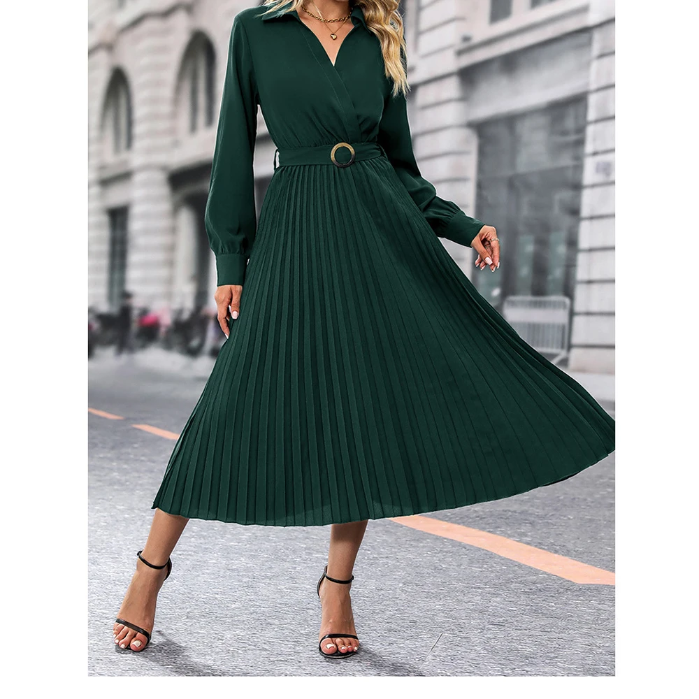 2023 Long Sleeved Slim Fitting Pleated Waistband Dresses V-Neck Pullover Dress European And American A-Line Dresses With Belt
2023 Long Sleeved Slim Fitting Pleated Waistband Dresses V-Neck Pullover Dress European And American A-Line Dresses With Belt