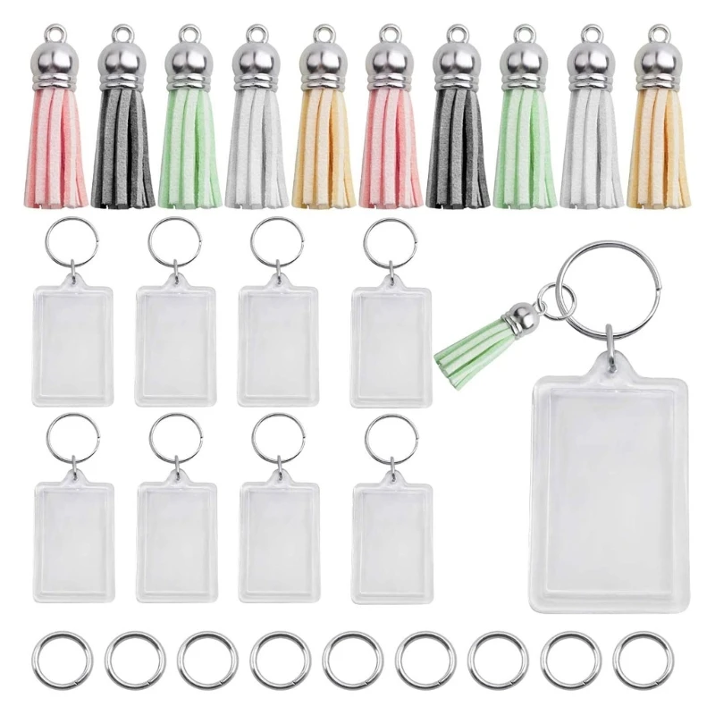 

20 Sets Acrylic Photo Frame Keychain with Tassels Split Rings Rectangle Blank Keyring Tags Making Ornaments DIY Craft