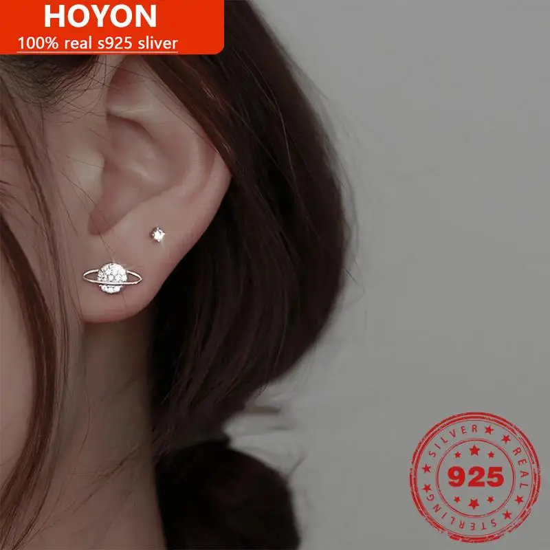 

HOYON Asymmetrical stud earrings for women silver 925 real earrings piercing moon planet design fashion jewelry gifts