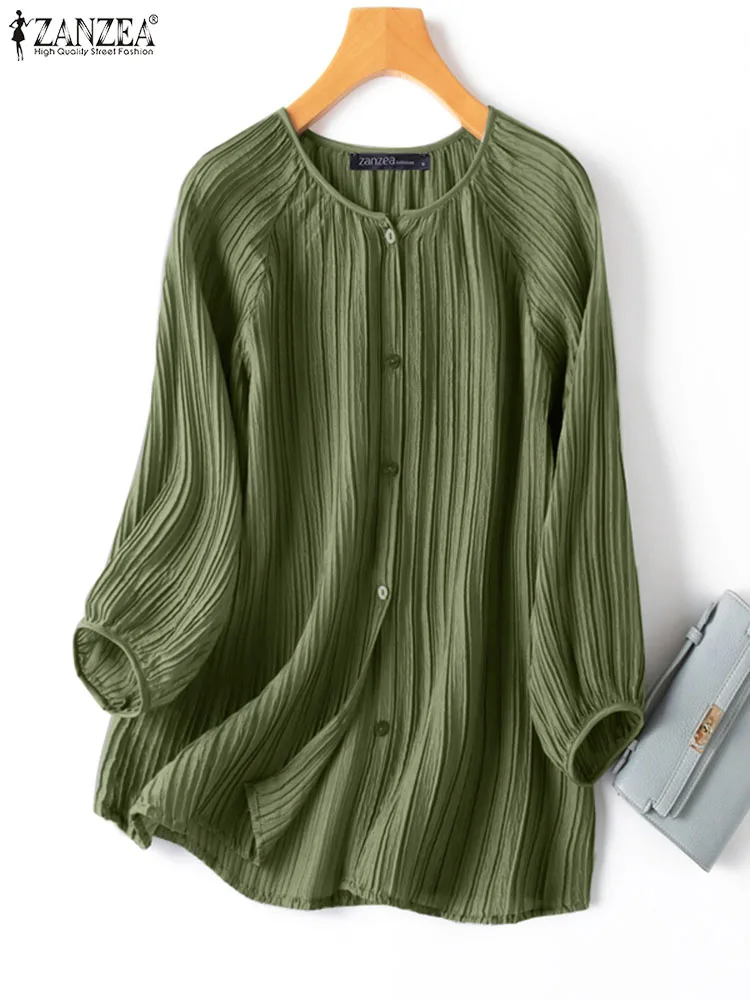 

Women Pleating Blouse ZANZEA Casual Button Baggy Tunic Oversize 3/4 Sleeve OL Shirt 2023 Autumn Fashion Holiday Solid Color Tops