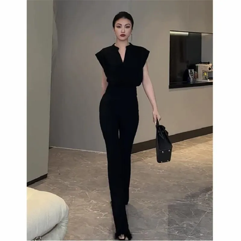 Elegant Bussiness Office Lady Chic 2 Piecs Suits Fashion All Black V Neck Shirt Top&Long Skinny Flare Pants Summer Slim 2pc Sets
Elegant Bussiness Office Lady Chic 2 Piecs Suits Fashion All Black V Neck Shirt Top&Long Skinny Flare Pants Summer Slim 2pc Sets