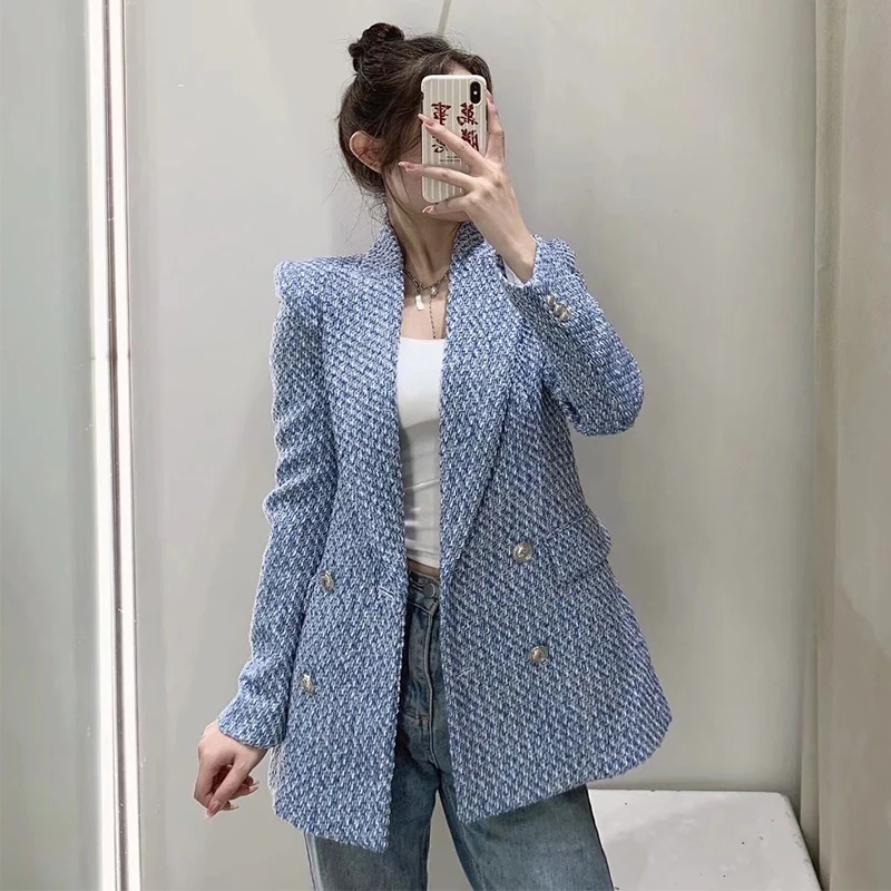 Tweed Women Blazer Double Breasted Spring Ladies Suit Jacket Notched Collar Pockets Long Sleeve Slim Blazers for Female 2022
Tweed Women Blazer Double Breasted Spring Ladies Suit Jacket Notched Collar Pockets Long Sleeve Slim Blazers for Female 2022