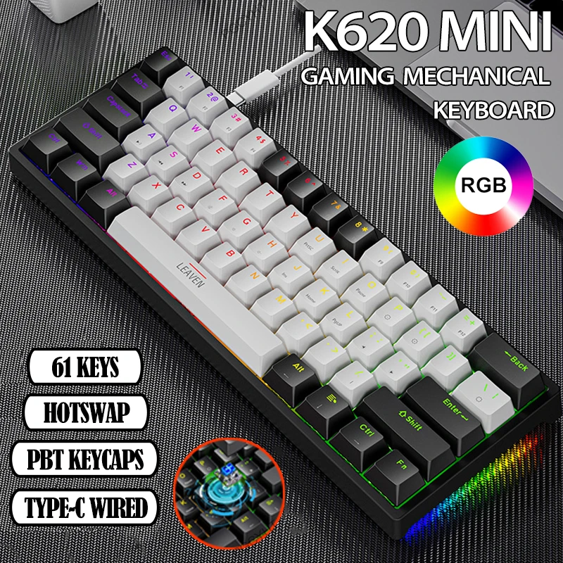 

K620 Mini Gaming Mechanical Keyboard 61 Keys RGB Hotswap Type-C Wired Gaming Keyboard PBT Keycaps 60% Ergonomics Keyboards